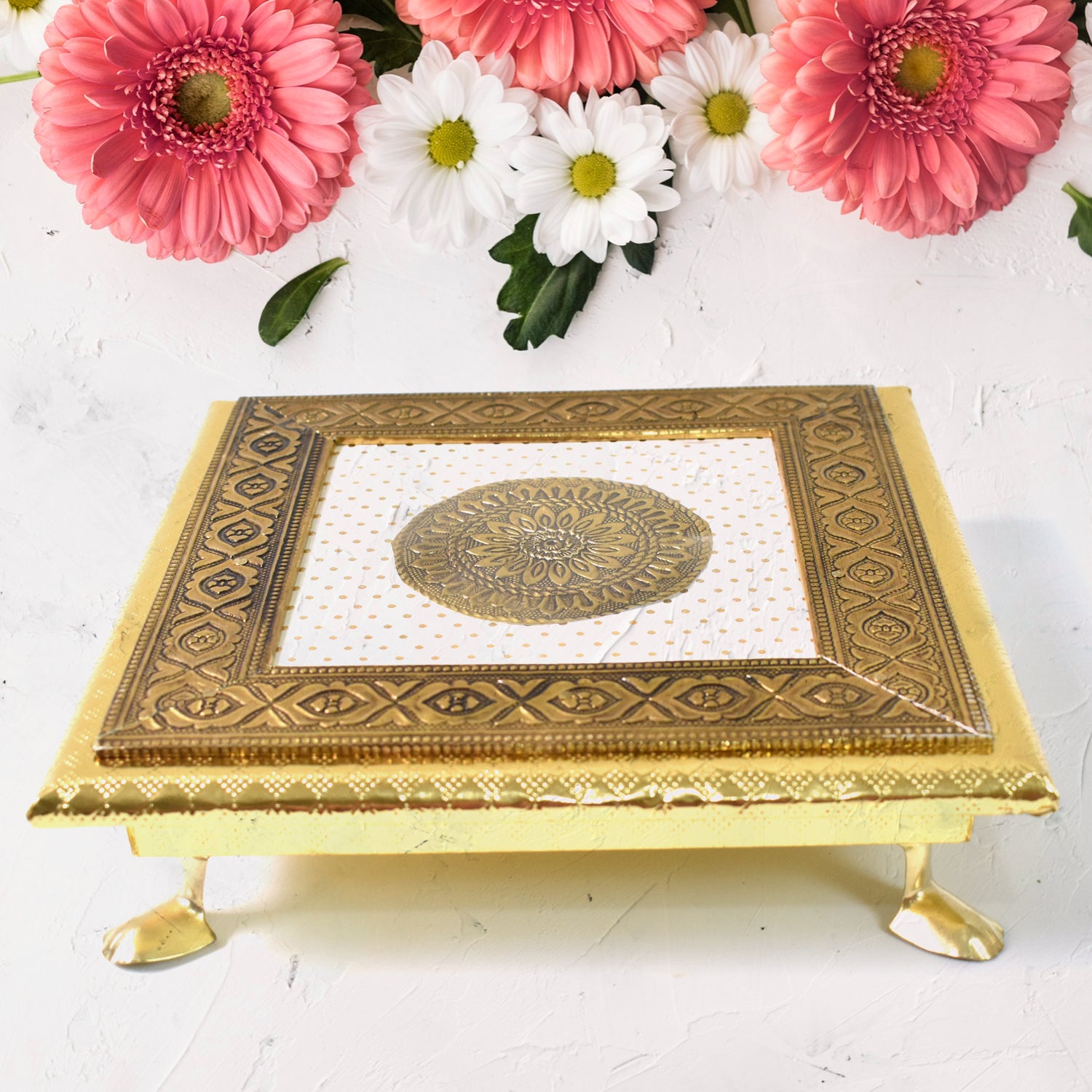 Golden - Square Pooja Chowki Patla  Bajot (2020 Cm  1 Pc) Golden - Square Pooja Chowki Patla  Bajot (2020 Cm  1 Pc)